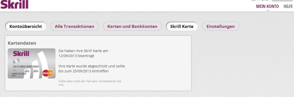 Antrag der Skrill Kreditkarte im Benutzerkonto